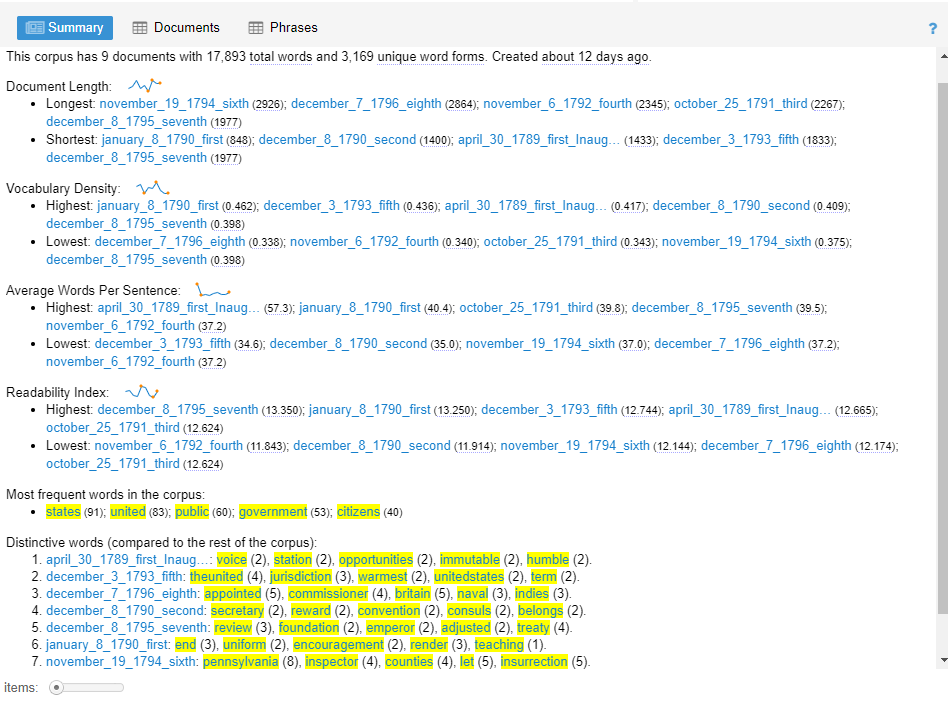 Summary window in Voyant Tools providing an overview of key statistics for the current corpus, including the number of documents, total words, unique words, and other textual metrics.