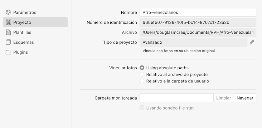 Sección de la ventana de Preferencias, mostrando los parámetros del proyecto