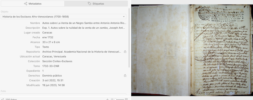Vista de objeto en Tropy, mostrando una plantilla personalizada para un expediente digitalizado a la derecha y la imagen del documento a la izquierda