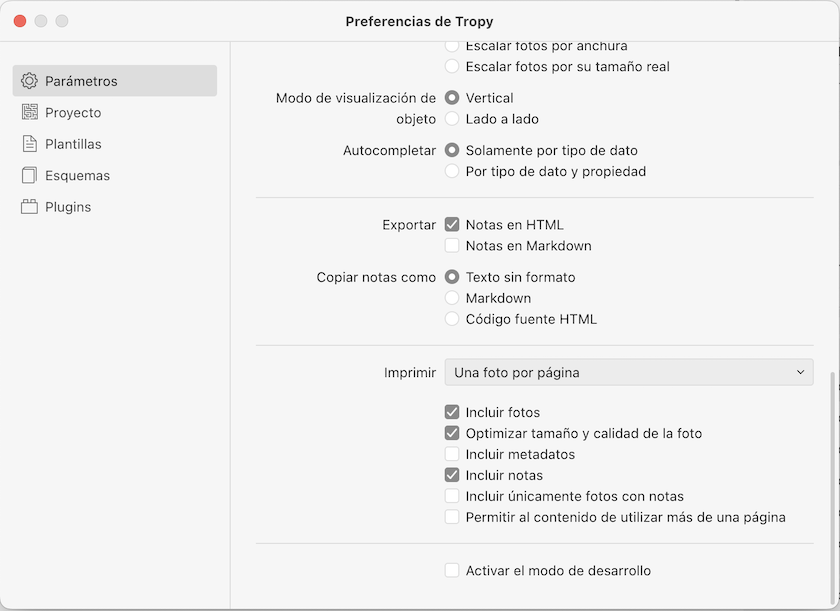 Las opciones de imprimir en preferencias