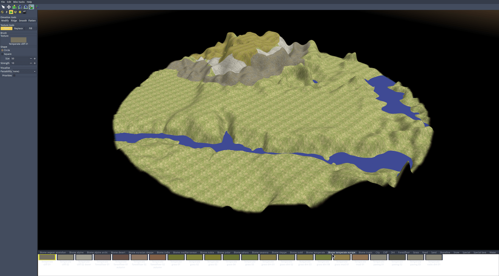 The Mont Beuvray base terrain polished in Atlas with rocky biomes in the northern mountainous area, flattened fields. Waterways have been connected to be accessible in-game.
