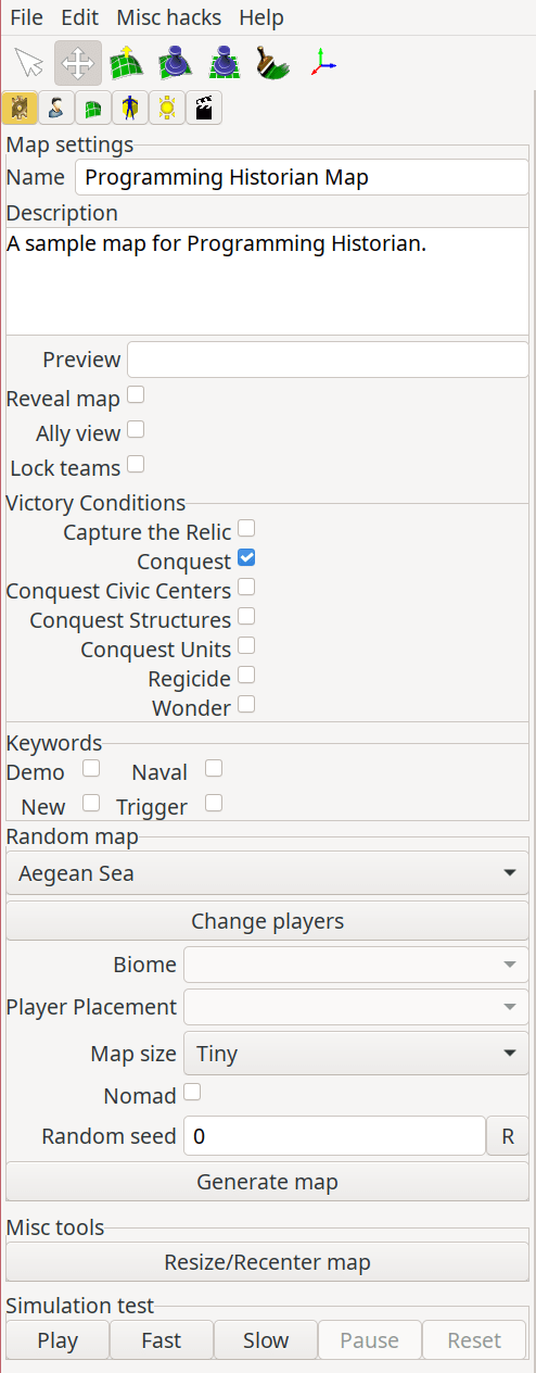 The Map tab is open with a sample name of 'Programming Historian Map' and Description of 'A sample map for Programming Historian.'