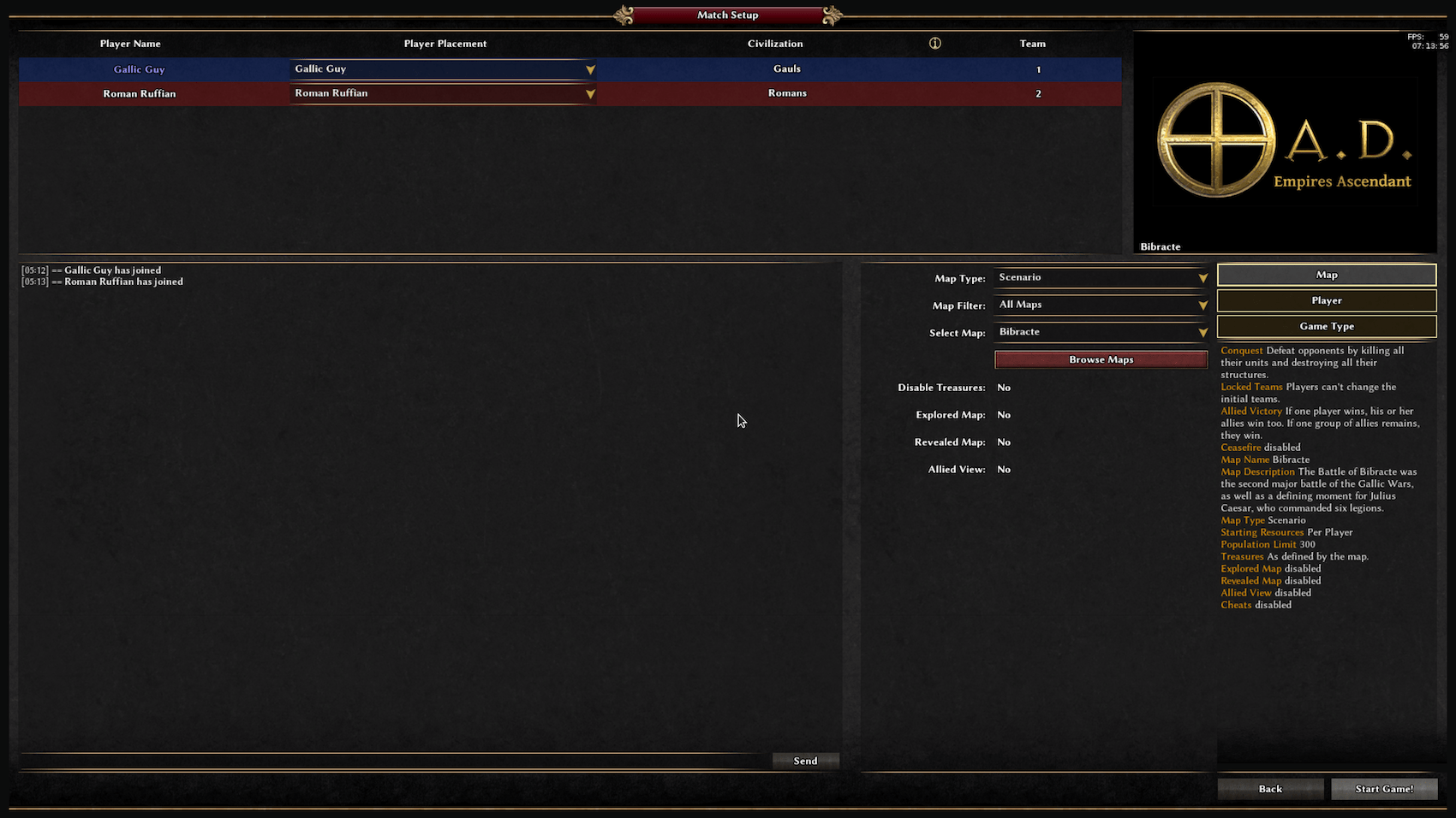 A full-screen parameters' window for hosting a multiplayer match with my custom scenario. Player 1, on Team 1, will play as the Gauls, and Player 2, on Team 2, will play as the Romans. The map type is Scenario, and the map that is selected is named 'Bibtracte.'
